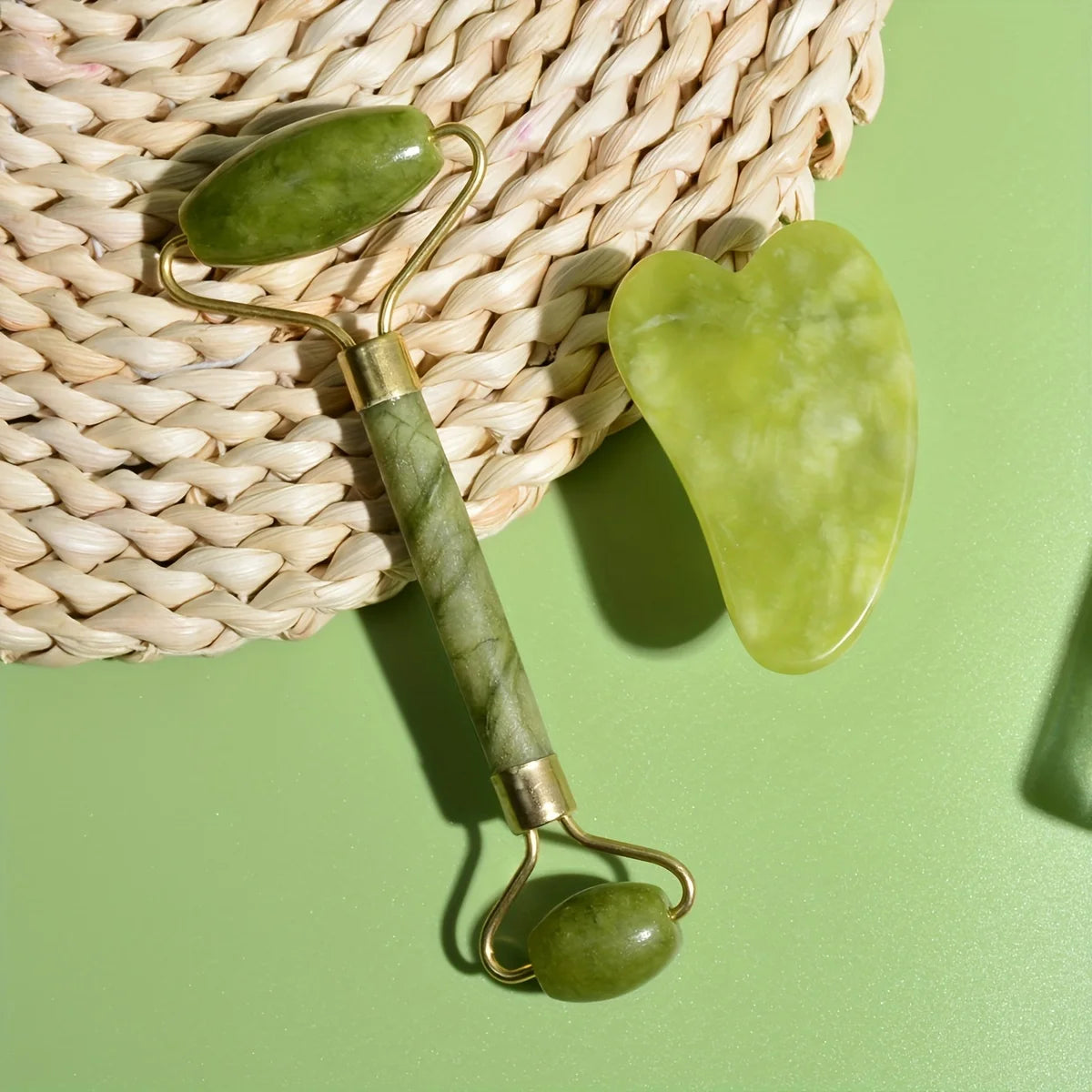 Vitalia Jade Ritual Set – Double-Head Roller & Heart Gua Sha Stone